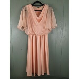 Vintage 70s Sears Dress‎ Peach 14 Chiffon Pearls Retro Blouson Event Evening